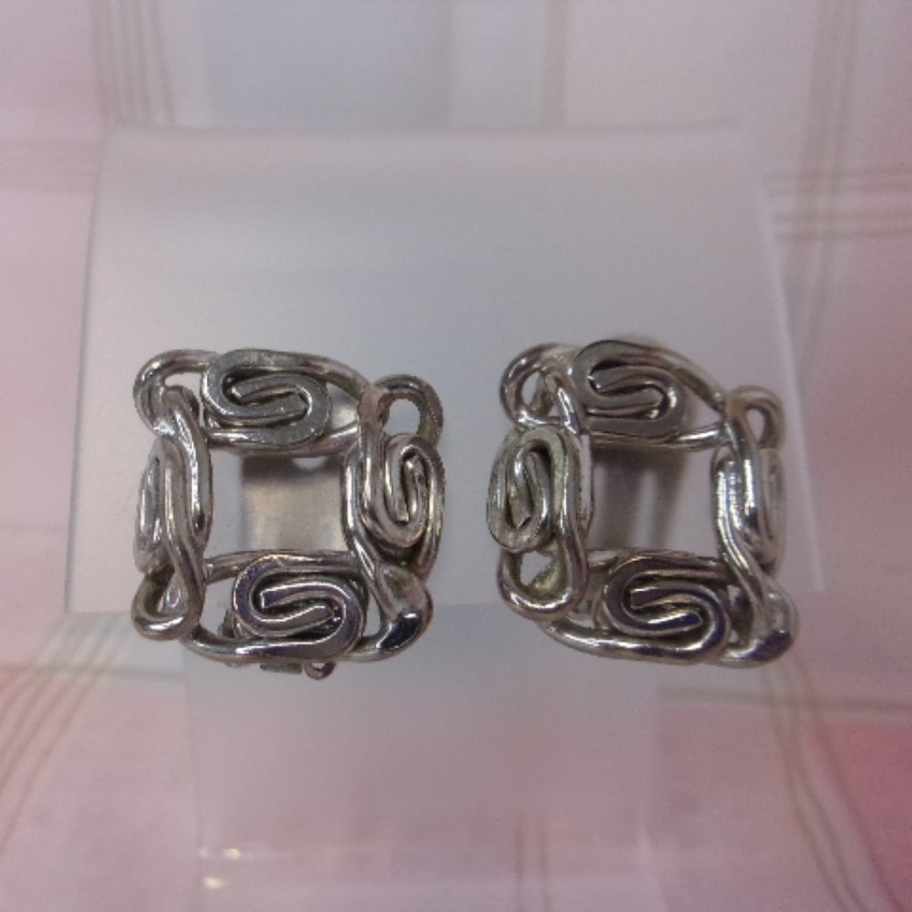 Scroll Chain Square Silver Tone Clip Earrings